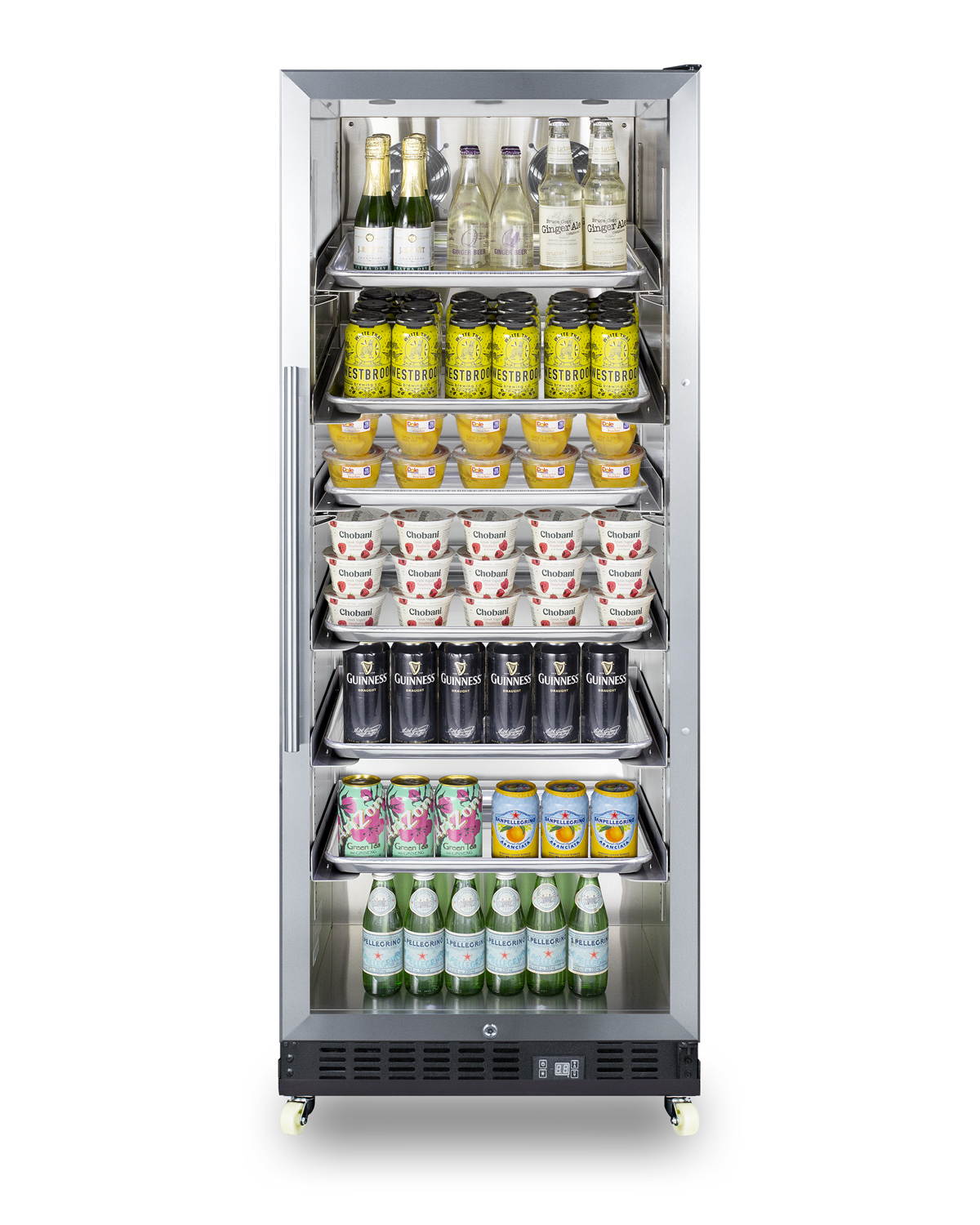 Commercial beverage merchandiser designed for the display and refrigeration of beverages and sealed food, with 11 cu.ft. capacity, SS interior, self-closing door, sheet pans and adjustable tray supports, chrome shelves, a digital thermostat, and removable dolly